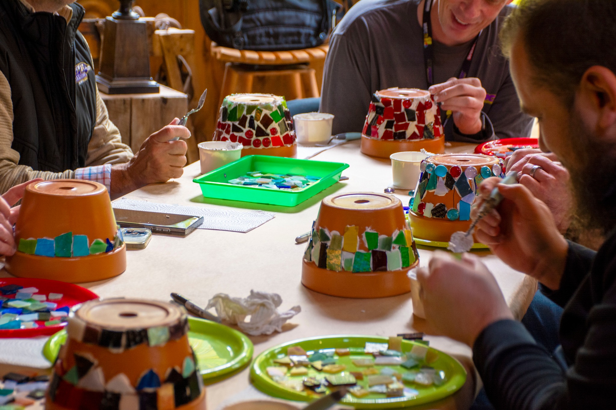Mosaic Flowerpots using recycled Stained Glass with Third Mine Arts